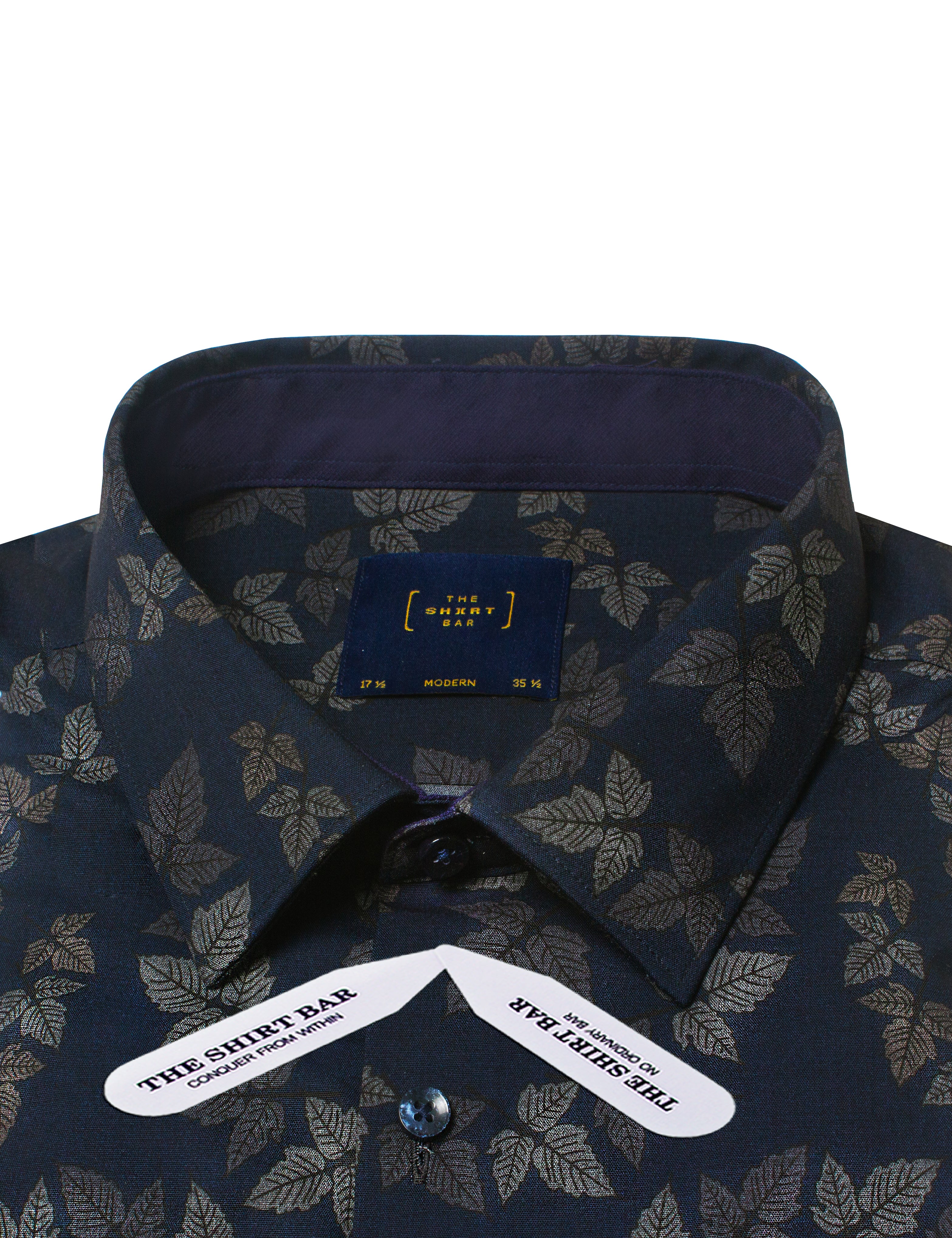 Blue Leaf Print Eco-ol Bamboo Stretch Modern Fit Shirt