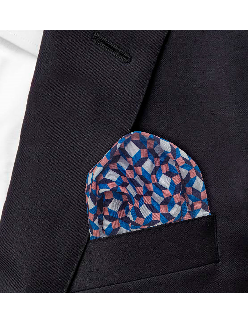 Navy Blue and Pink Geometric Print Woven Pocket Square