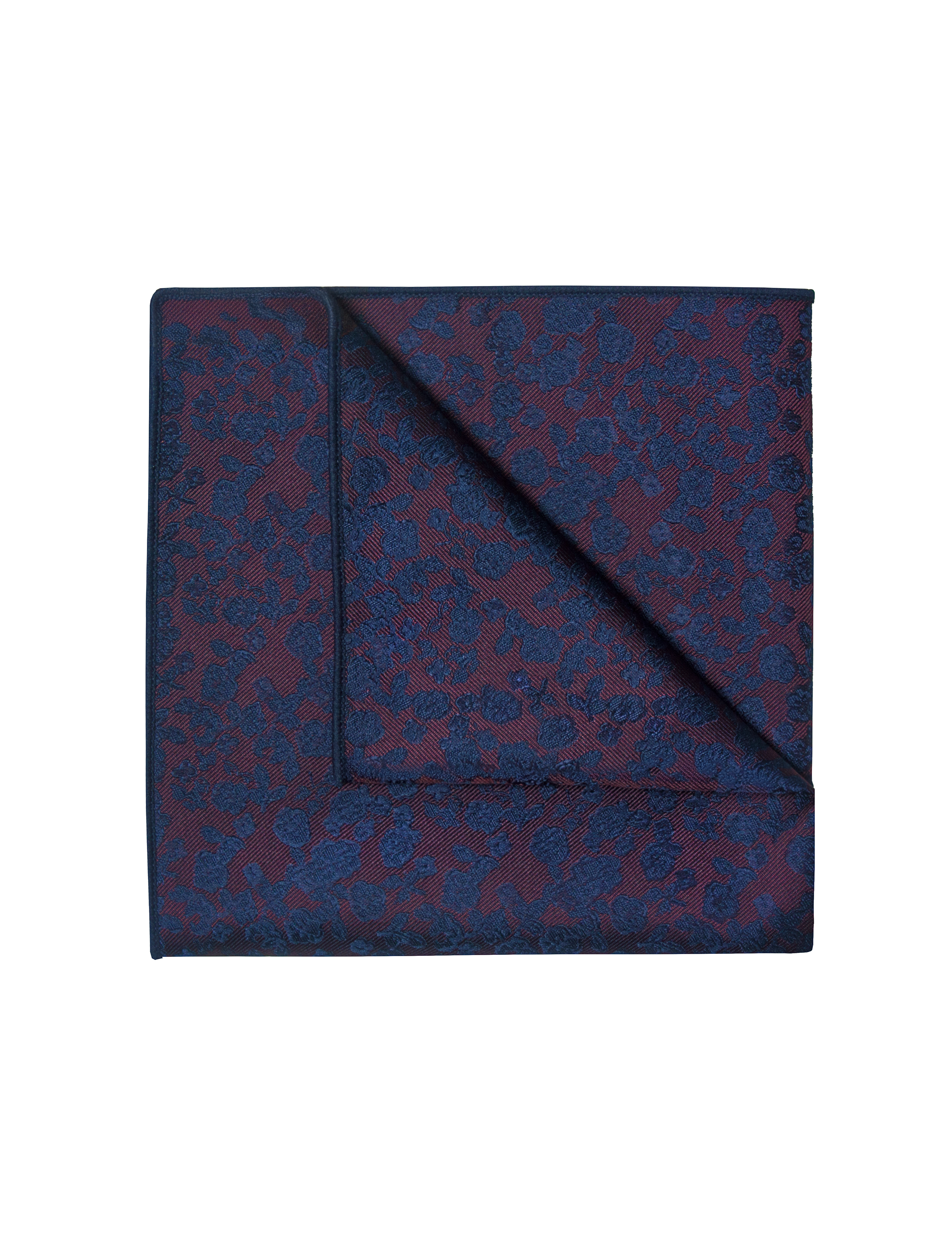 Maroon with Navy Blue Floral Pattern Woven Pocket Square