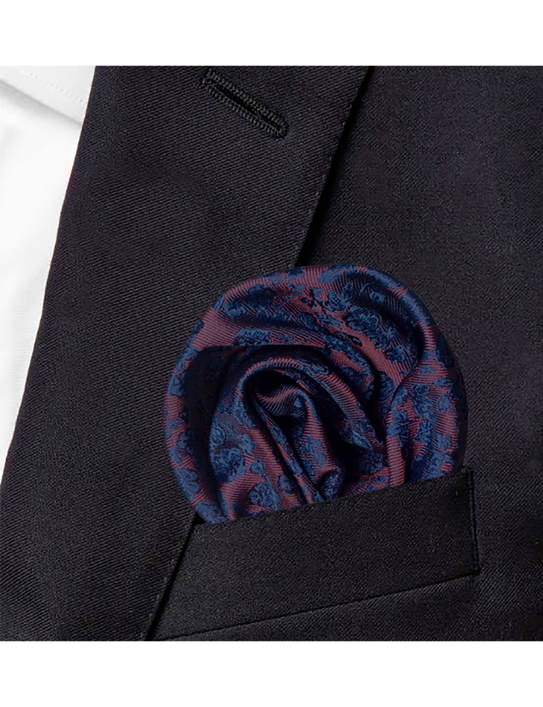 Maroon with Navy Blue Floral Pattern Woven Pocket Square