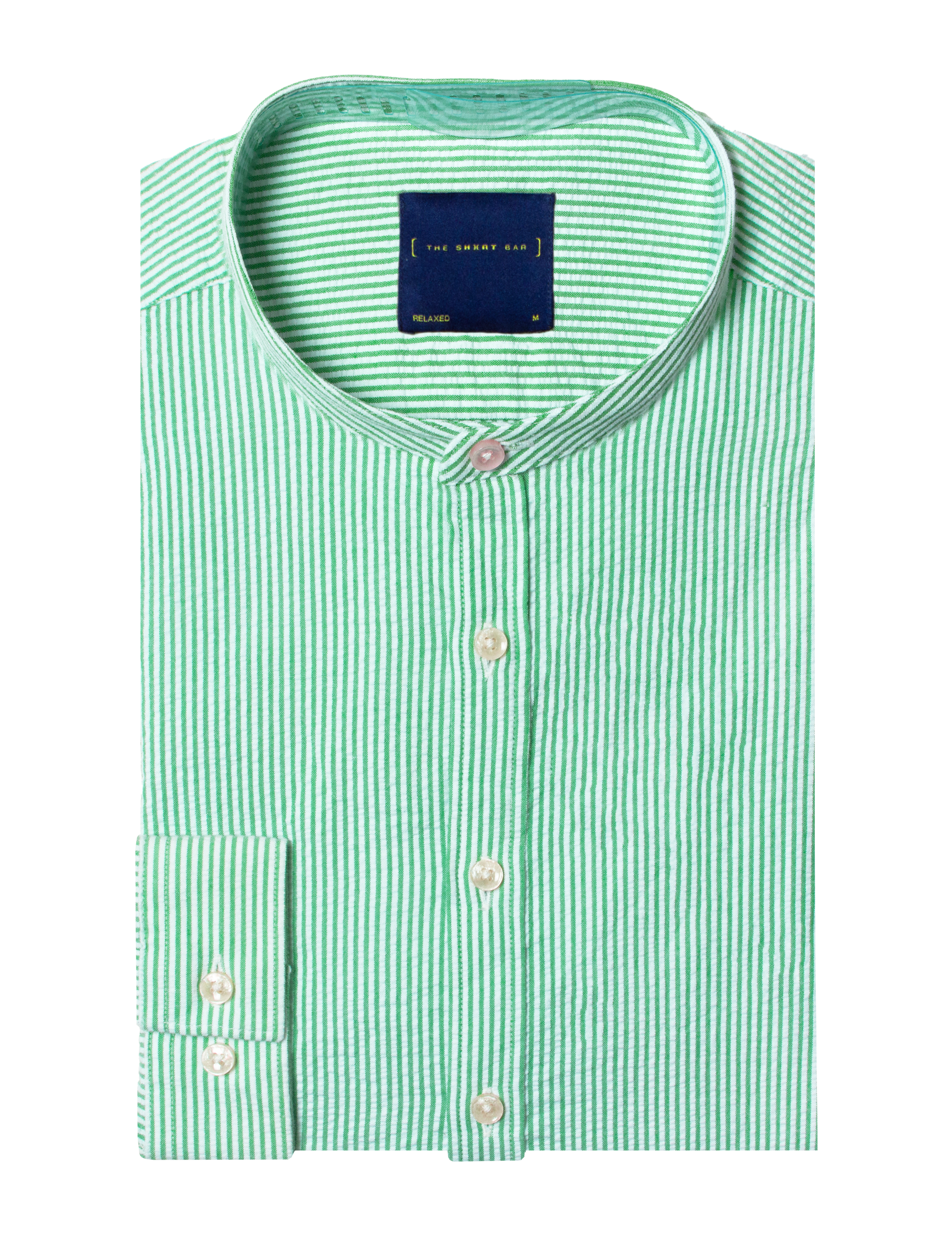 Green Stripes Seersucker Mandarin Collar Relaxed Fit Shirt