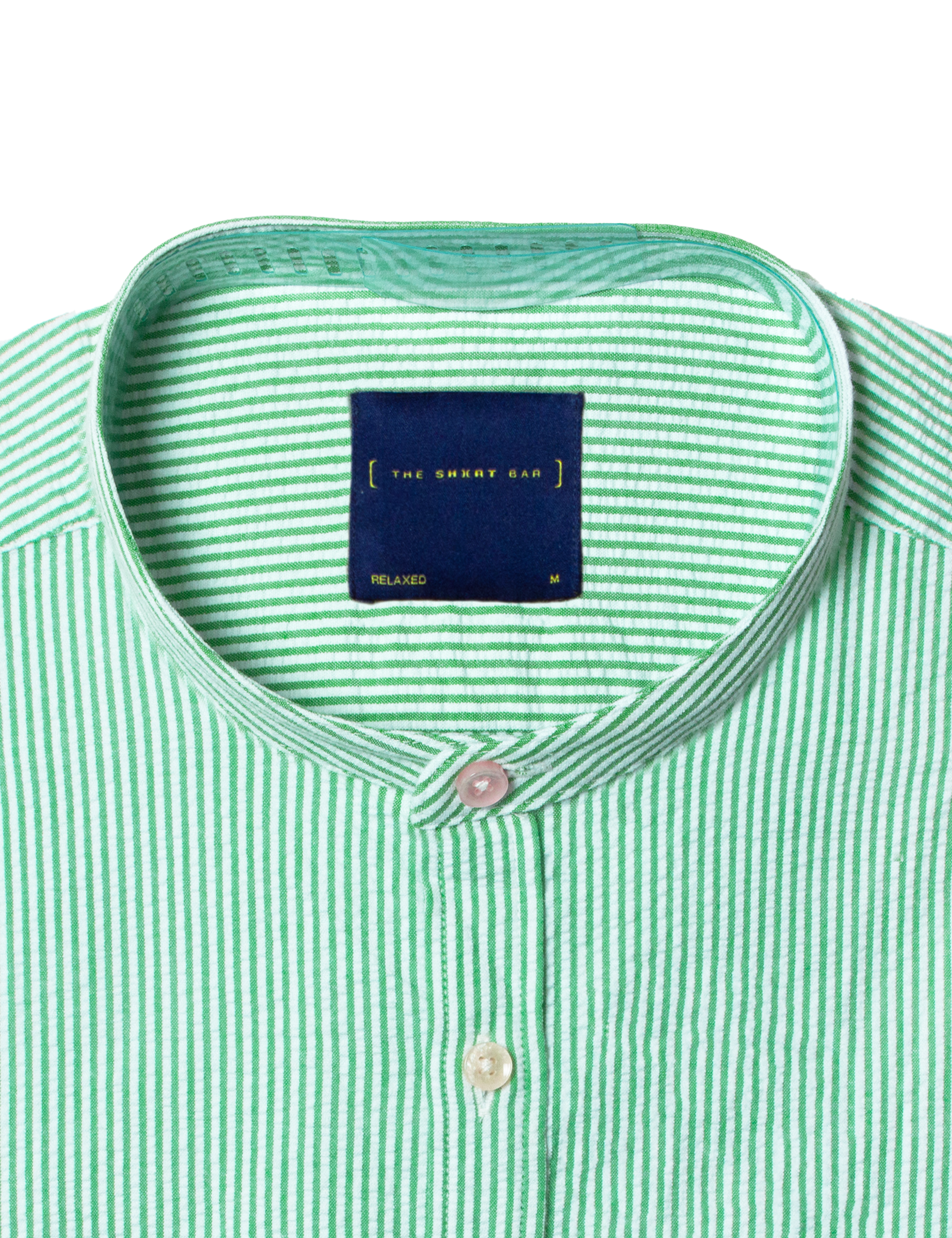 Green Stripes Seersucker Mandarin Collar Relaxed Fit Shirt