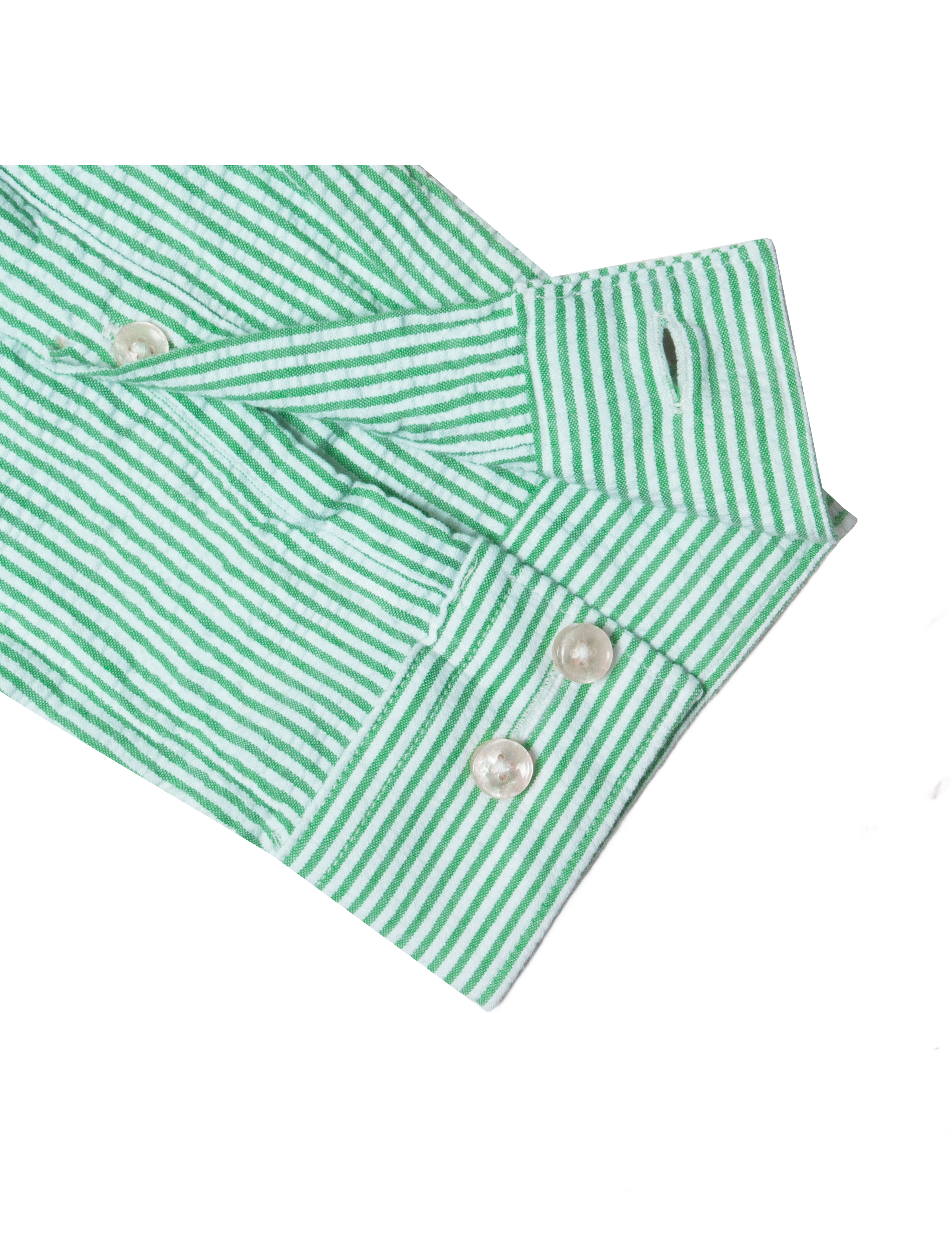 Green Stripes Seersucker Mandarin Collar Relaxed Fit Shirt