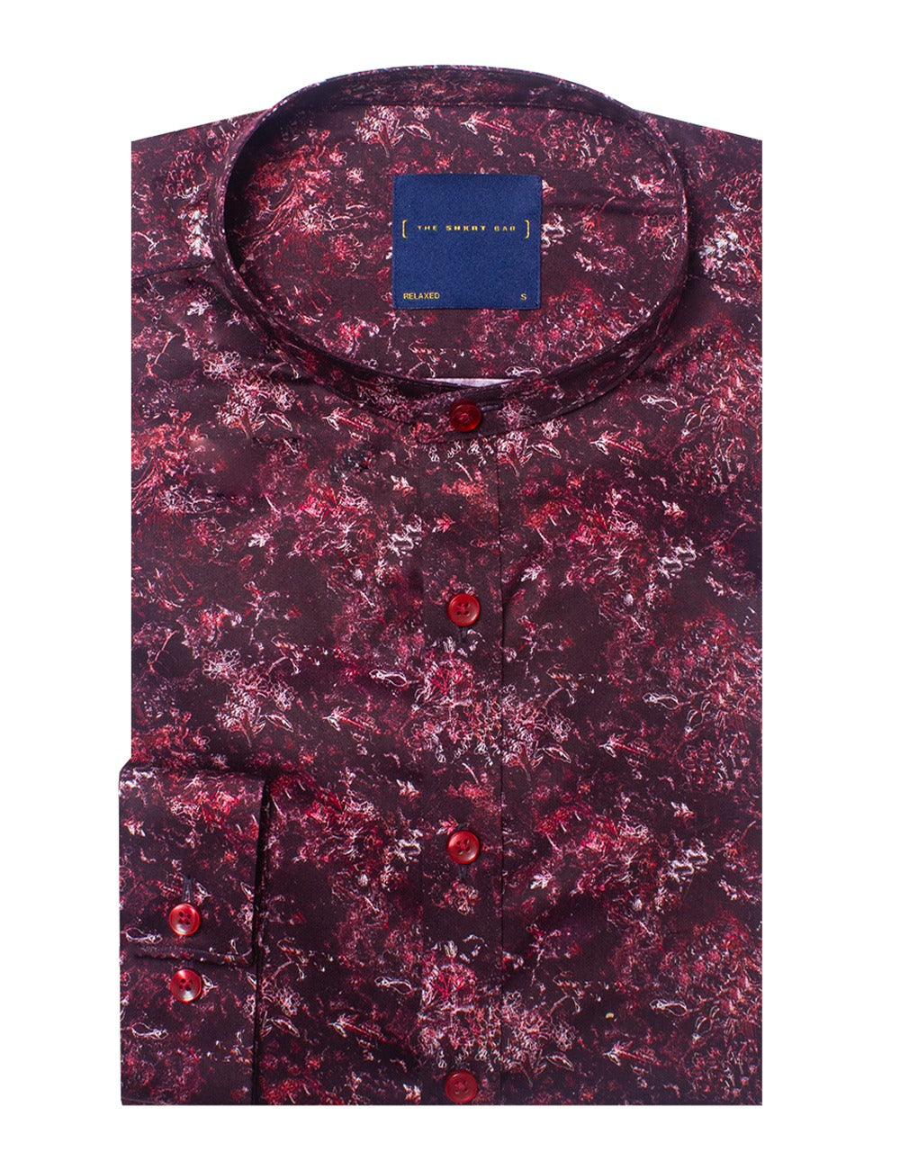 Red Geometric Flora Digital Print With Silky Finish Relaxed Fit Mandarin Collar Short Sleeve Shirt