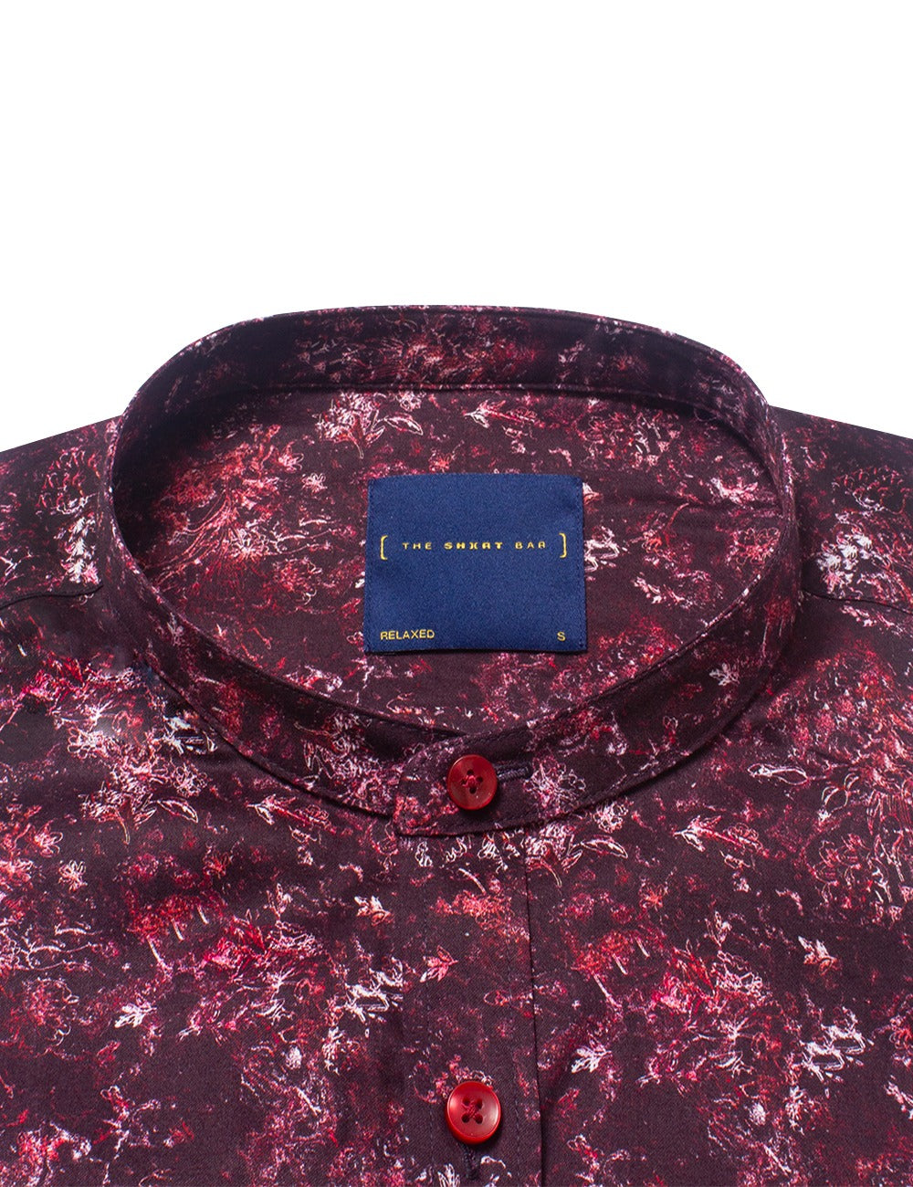 Red Geometric Flora Digital Print With Silky Finish Relaxed Fit Mandarin Collar Short Sleeve Shirt