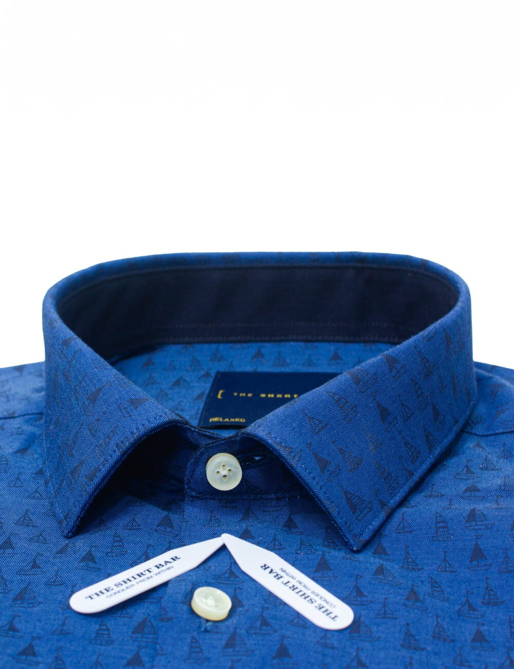 Navy Blue with Black Sail Boat Print Relaxed Fit Short Sleeve Shirt