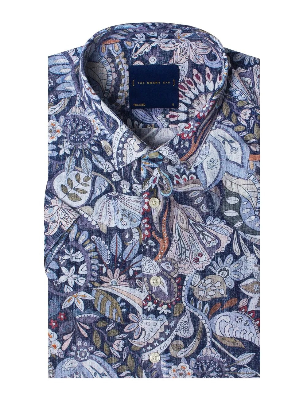 Navy Blue Paisley Print Italian Fabric Silky Finish Short Sleeve Relaxed Fit Shirt