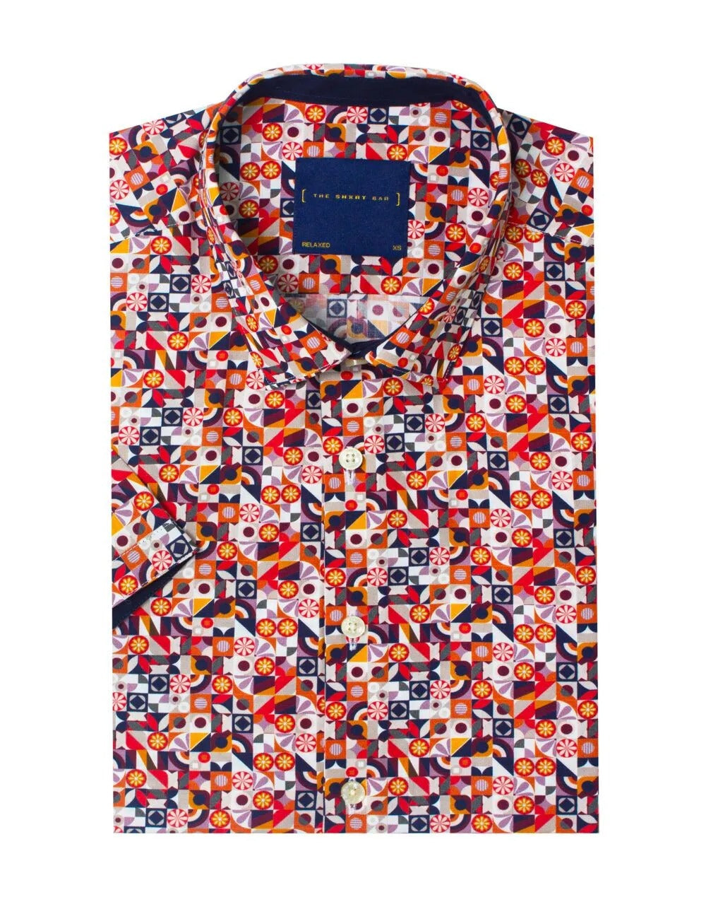 Orange Geometric Print Italian Fabric Silky Finish Relaxed Fit Short Sleeve Shirt