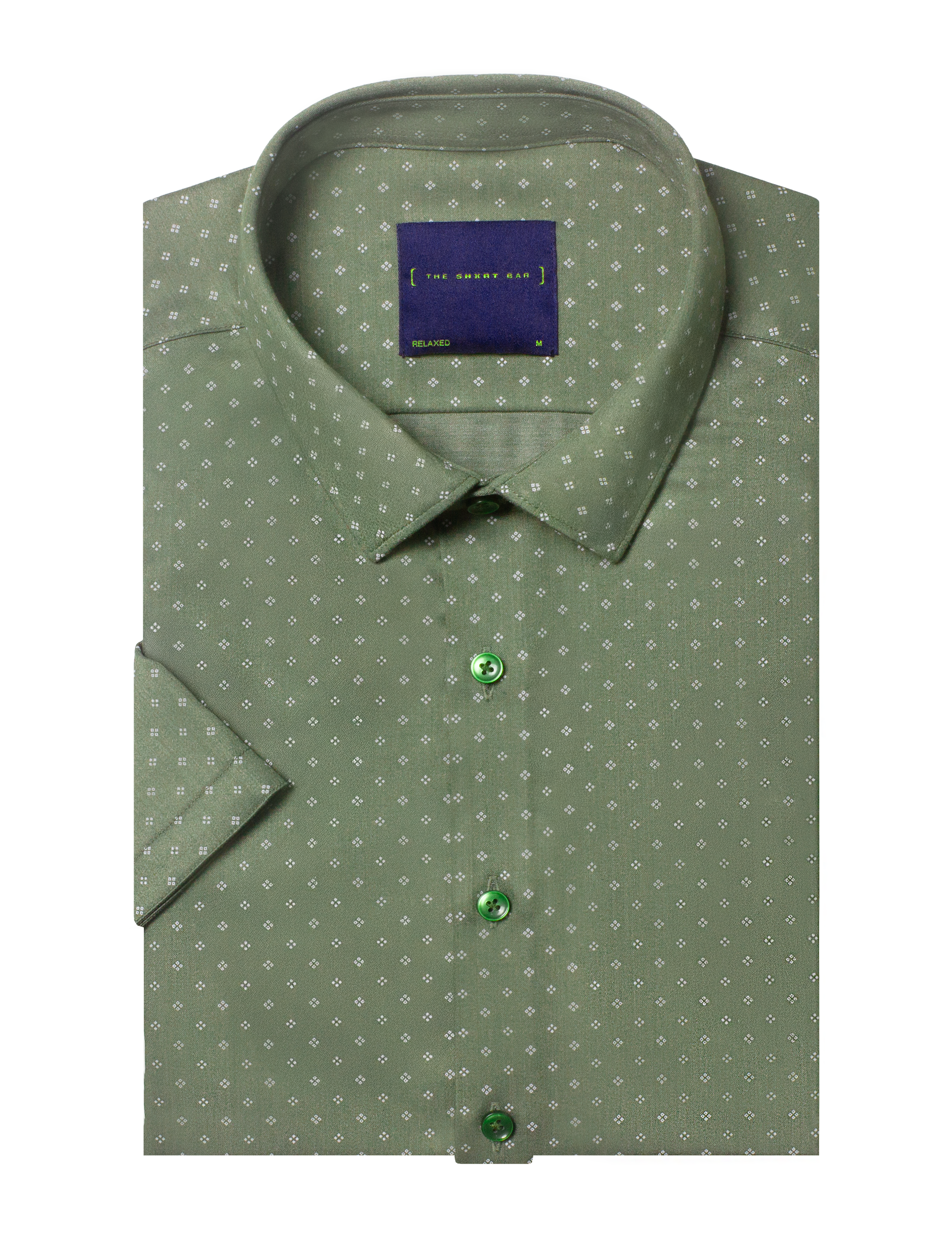 White Small Dots Grid Print Eco-ol Bamboo Relaxed Fit Short Sleeve Shirt