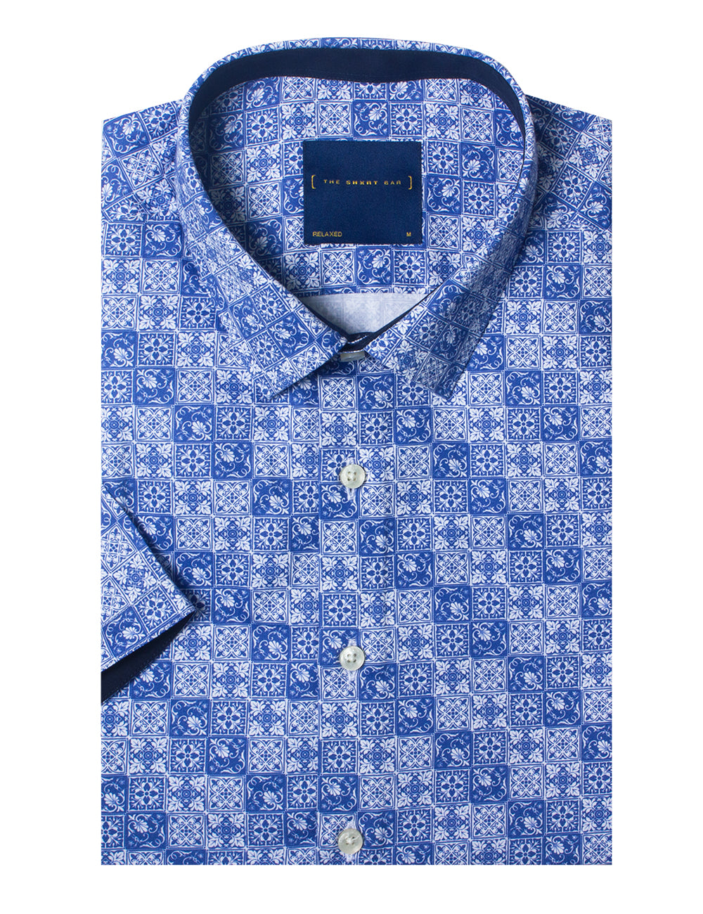 Blue Peranakan Print Silky Finish Relaxed Fit Short Sleeve Shirt — The Shirt Bar