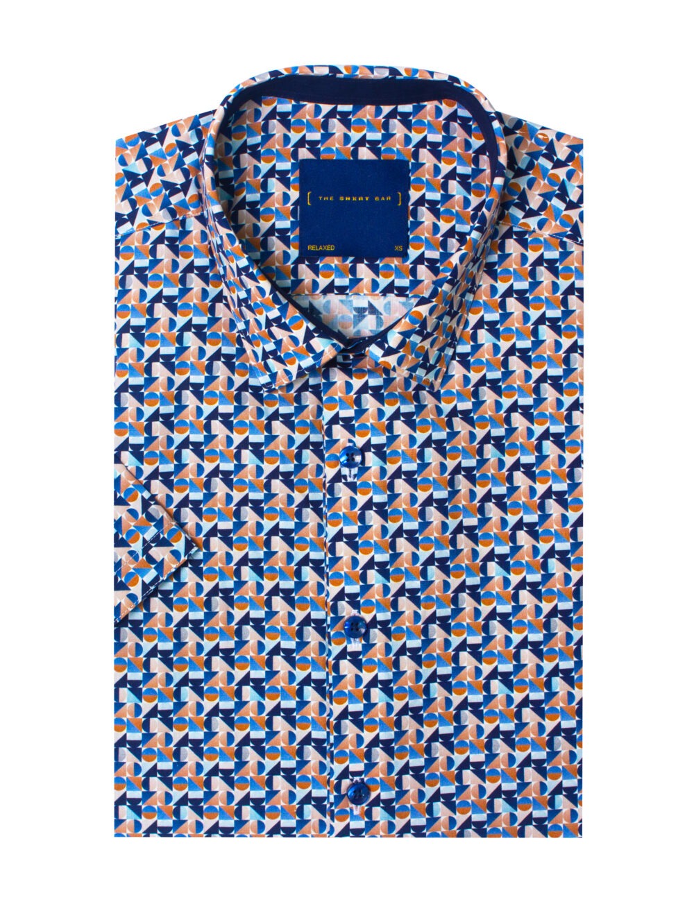 Navy Blue Geometric Print Italian Fabric Relaxed Fit Silky Finish Short Sleeve Shirt