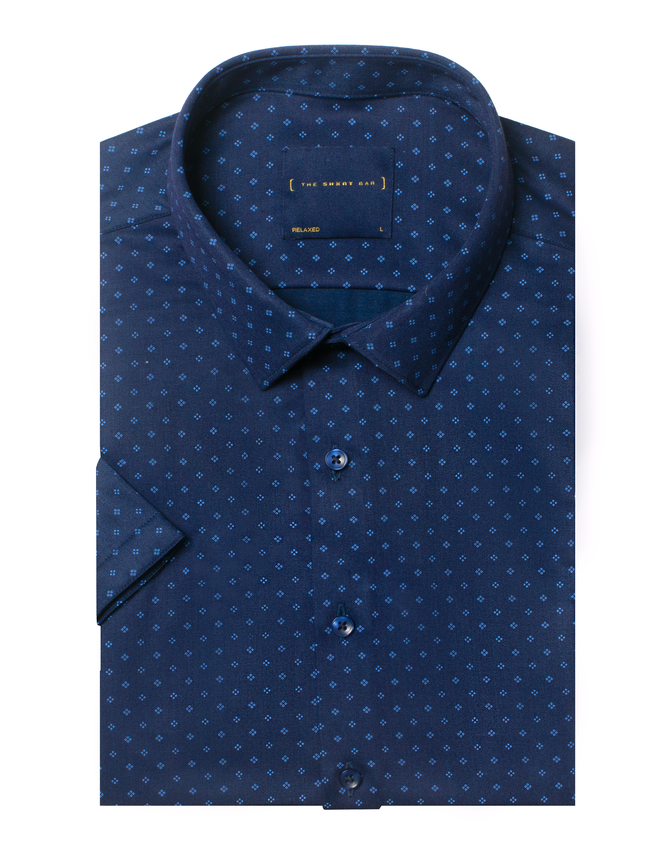 Blue Small Dots Grid Print Navy Blue Eco-ol Bamboo Short Sleeve Relaxed Fit Shirt