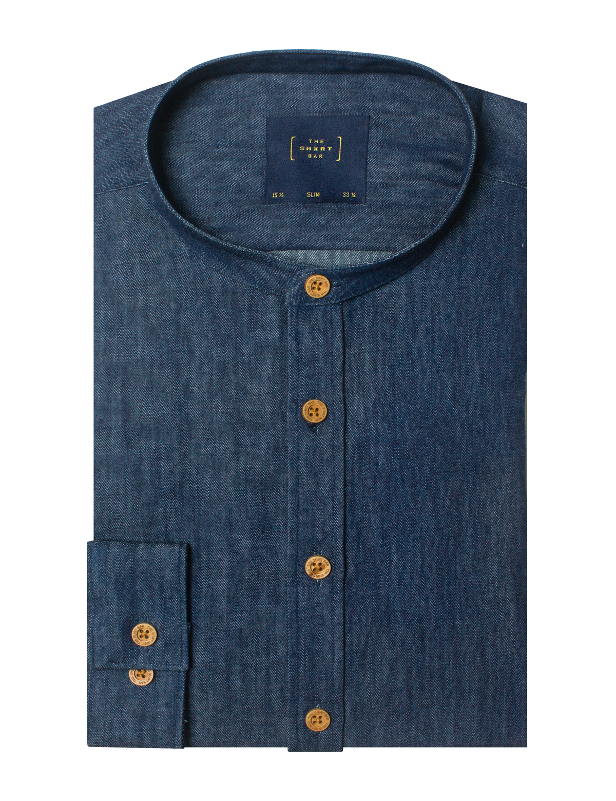 Denim Mandarin Collar Slim Fit Shirt in Navy Blue #Color_Navy Blue