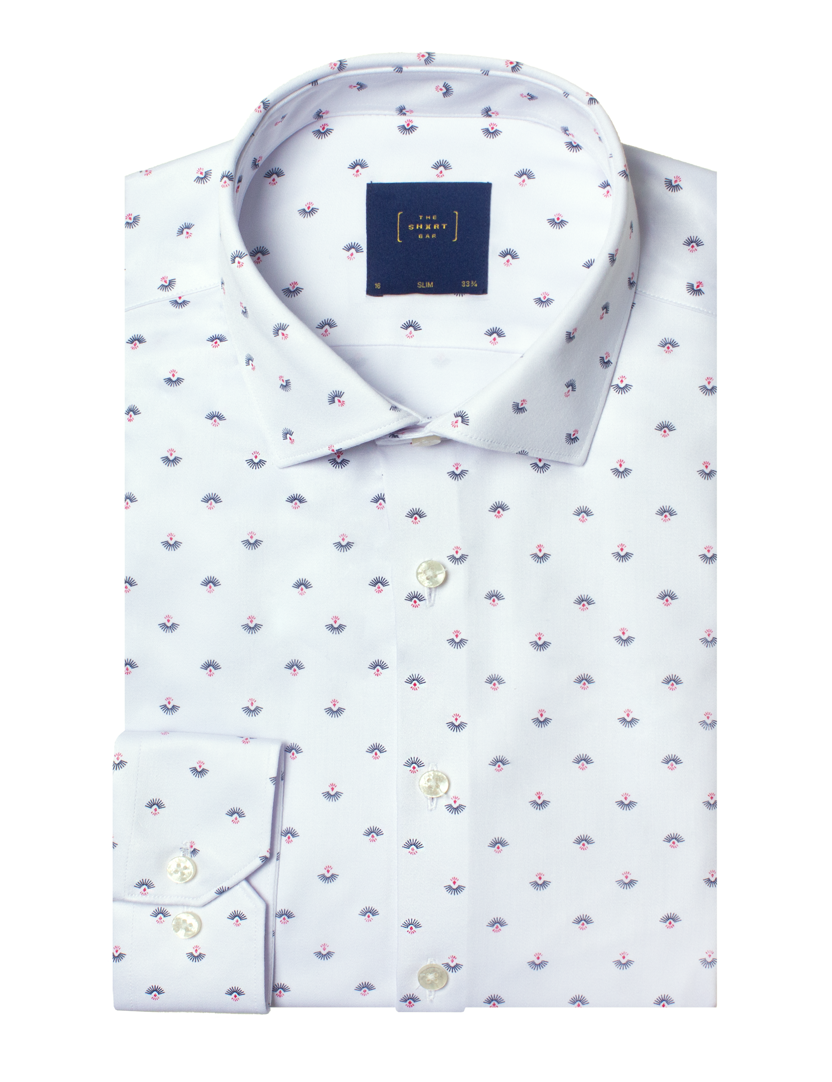 Navy Blue with Red Floral Motif Print White Eco-ol Bamboo Slim Fit Shirt