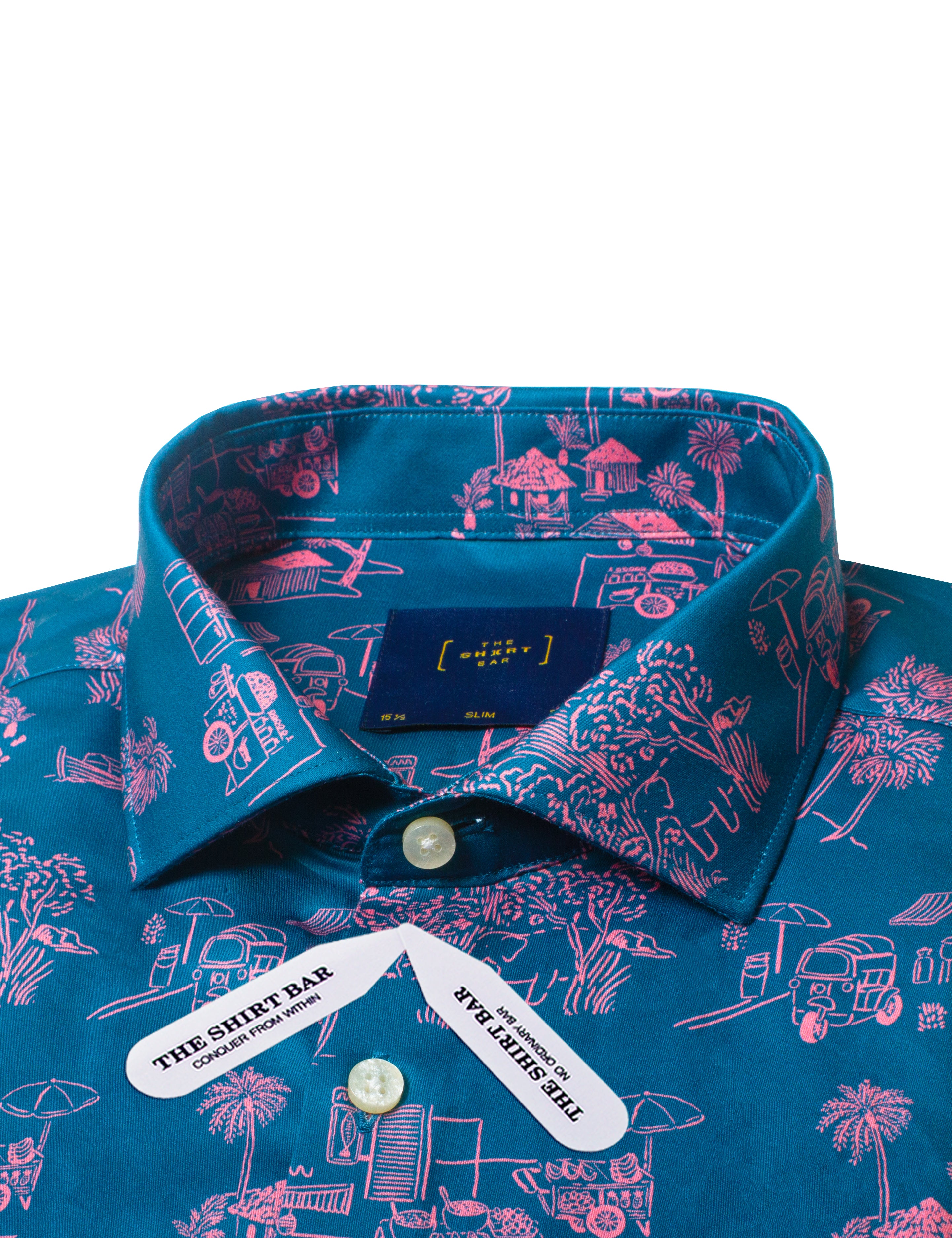 Turquoise with Pink Print Silky Finish Slim Fit Shirt