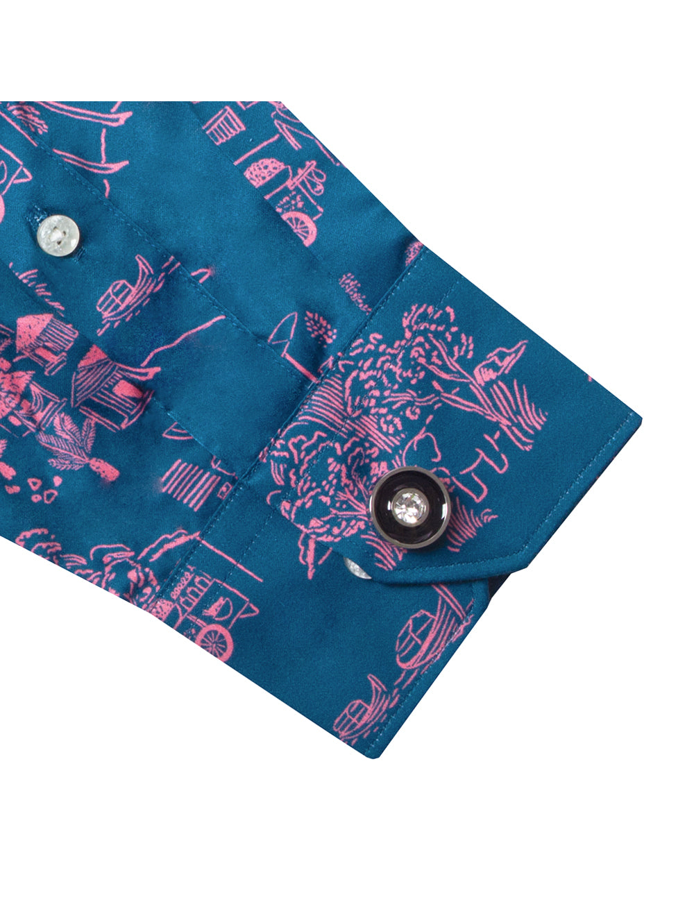 Turquoise with Pink Print Silky Finish Slim Fit Shirt