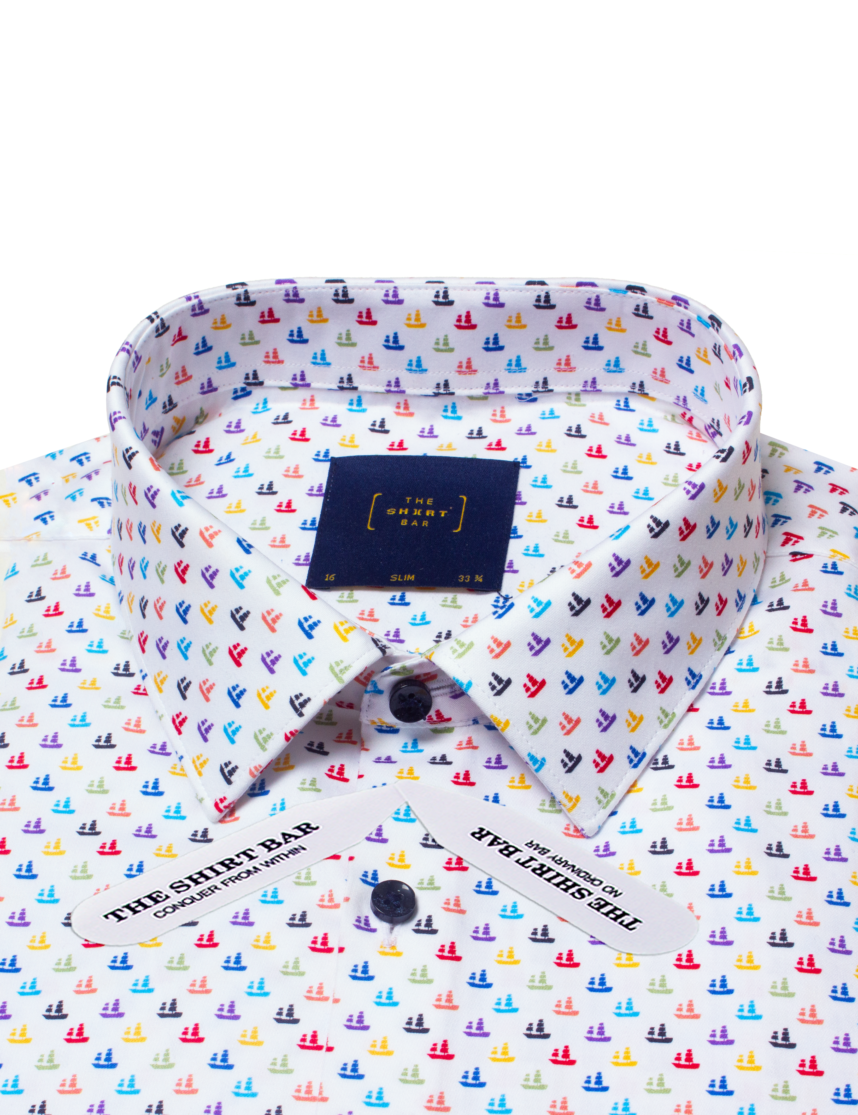 White Junk Boat Print Silky Finish Slim Fit Shirt