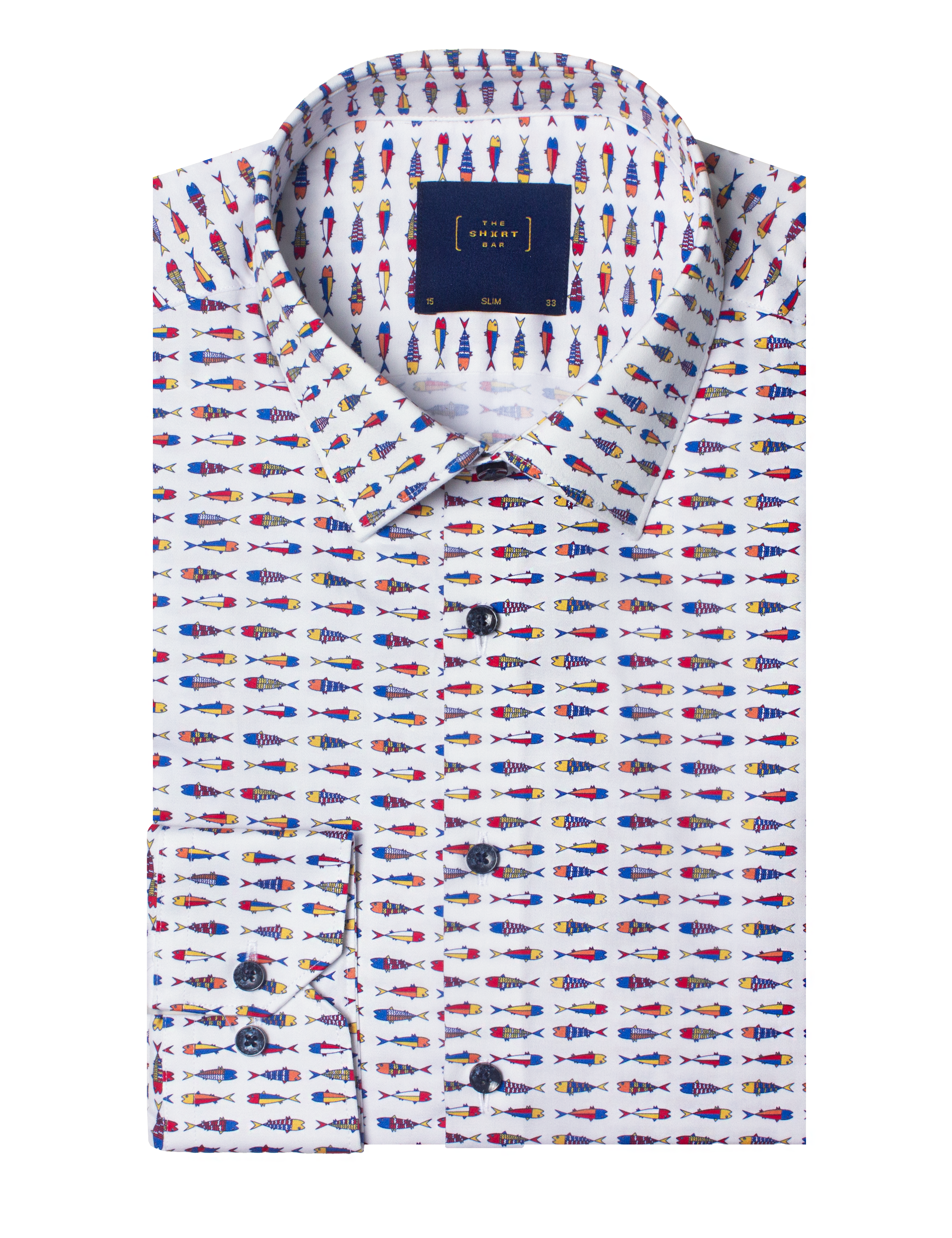 White with Multi-Colour Fish Print Silky Finish Slim Fit Shirt — The Shirt Bar
