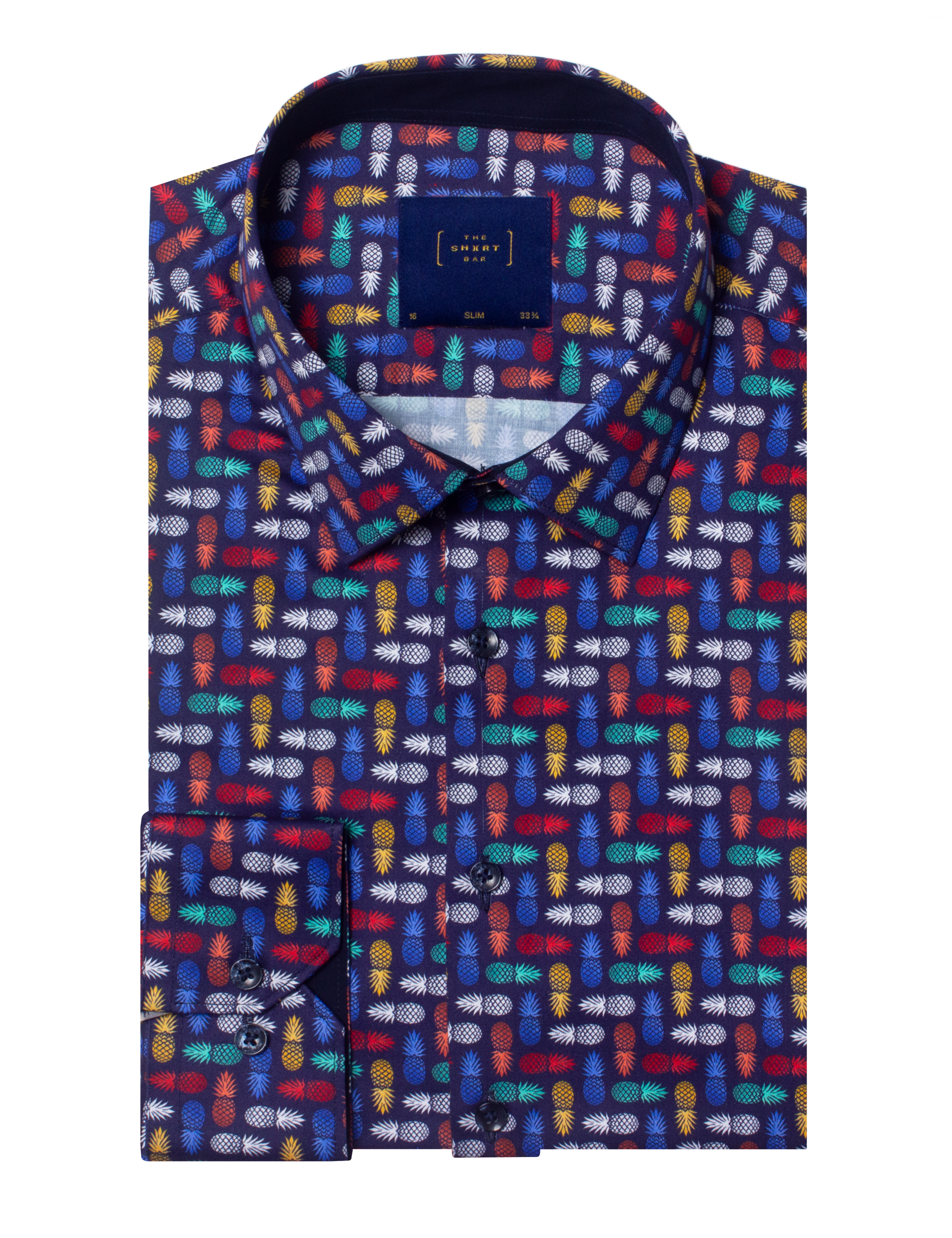 Navy Blue with Multi-Colour Pineapple Print Silky Finish Slim Fit Shirt