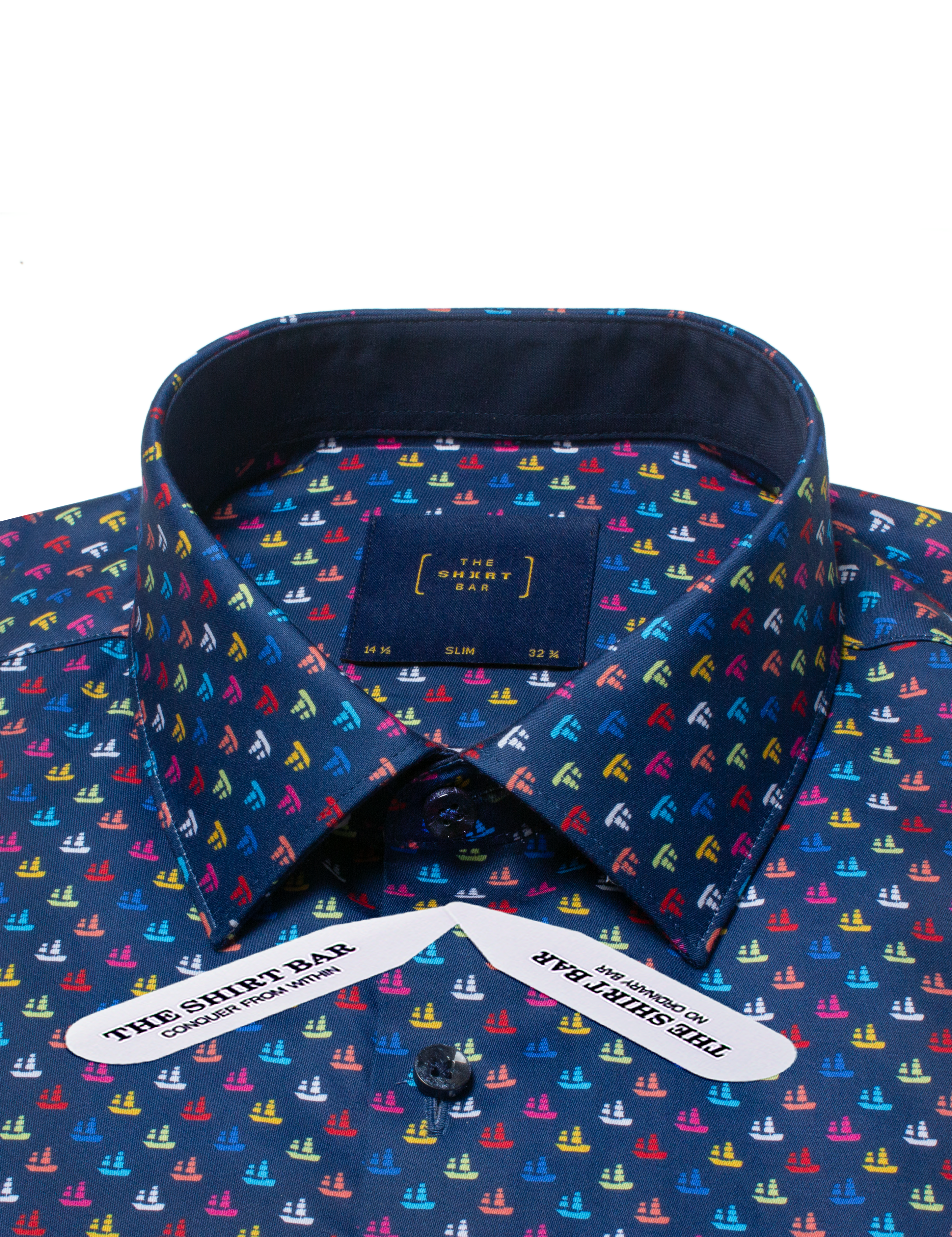 Navy Blue Junk Boat Print Silky Finish Slim Fit Shirt
