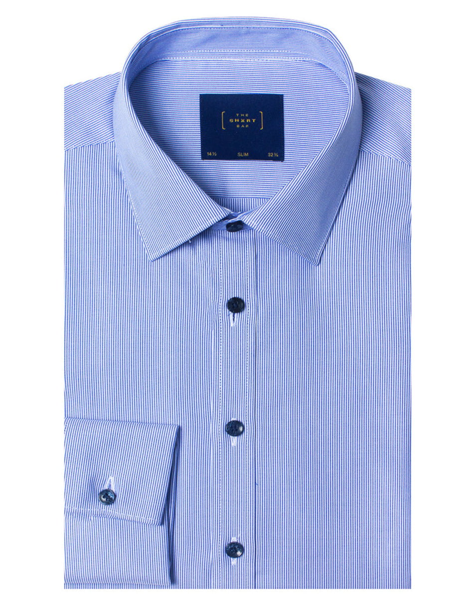 Navy Blue Stripes Wrinkle Free Double Cuff Slim Fit Shirt