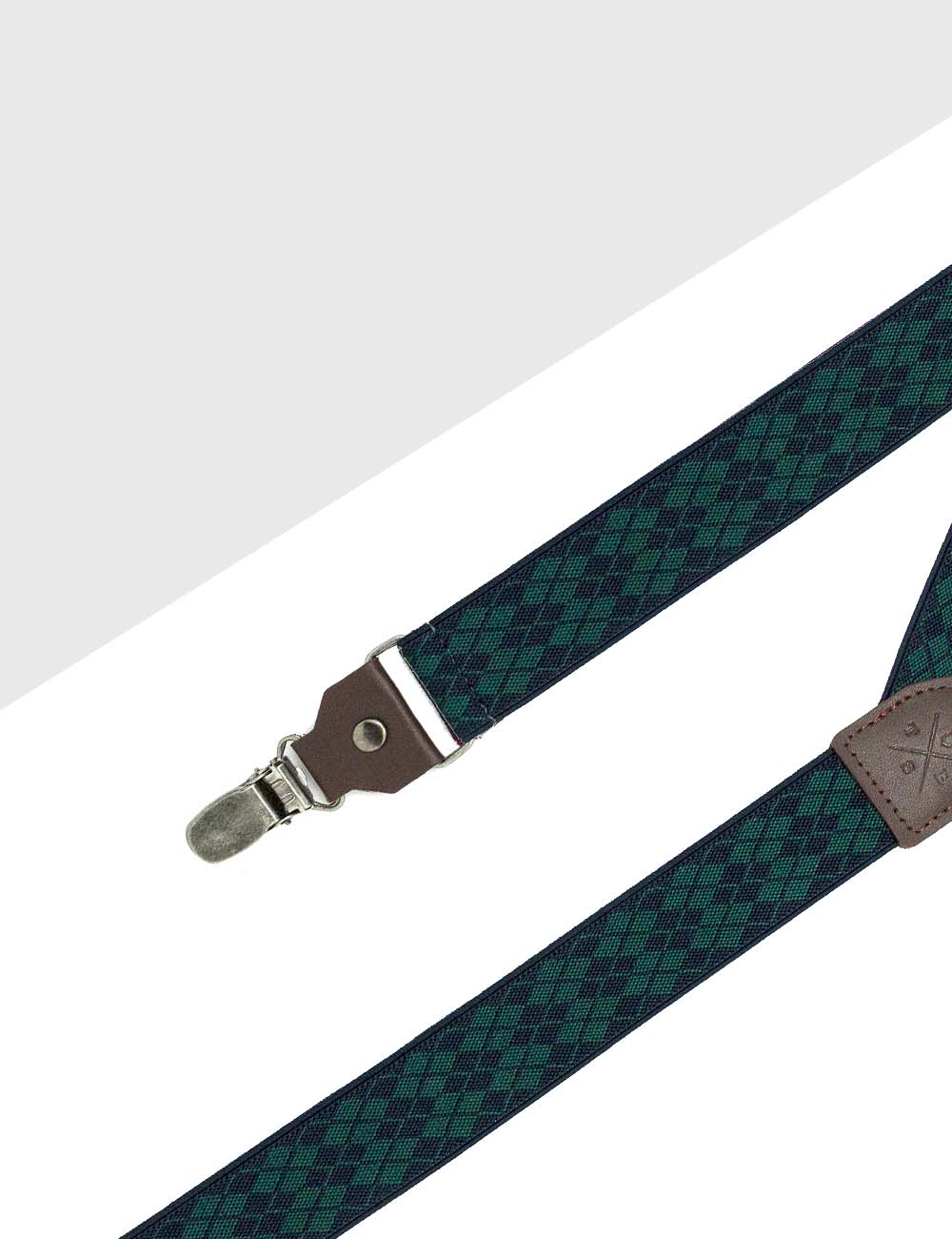 Green with Navy Diamond Single Clip Back 3cm Suspender with Leather