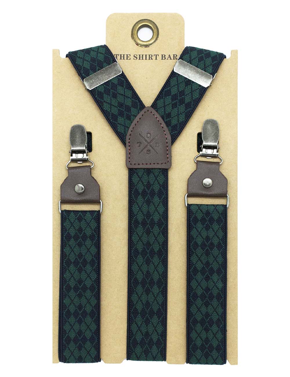 Green with Navy Diamond Single Clip Back 3cm Suspender with Leather