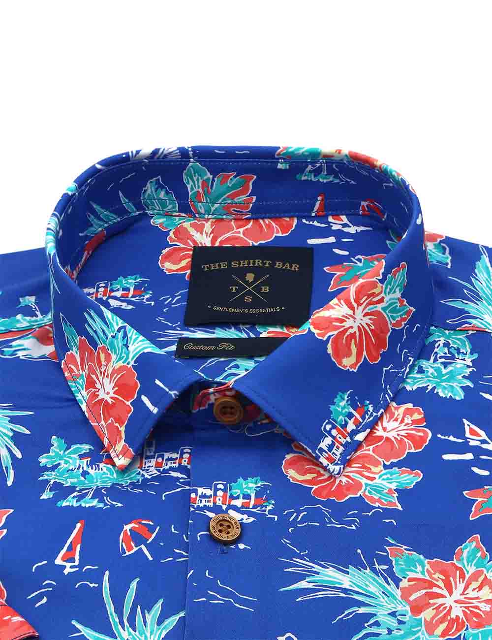 Blue Tropical Print Silky Finish Relaxed Fit Short Sleeve Shirt