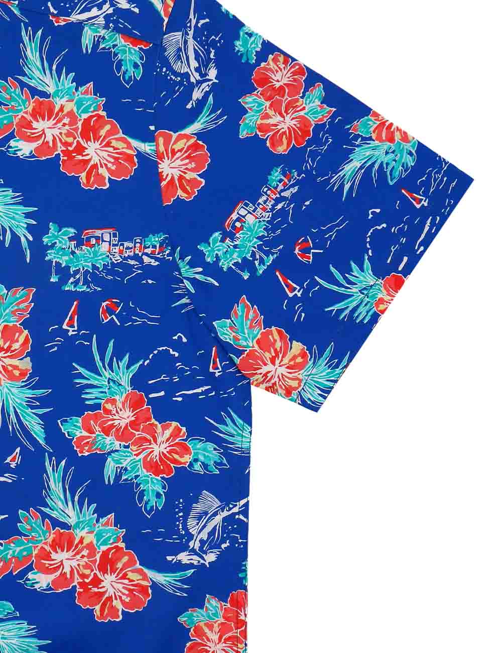 Blue Tropical Print Silky Finish Relaxed Fit Short Sleeve Shirt