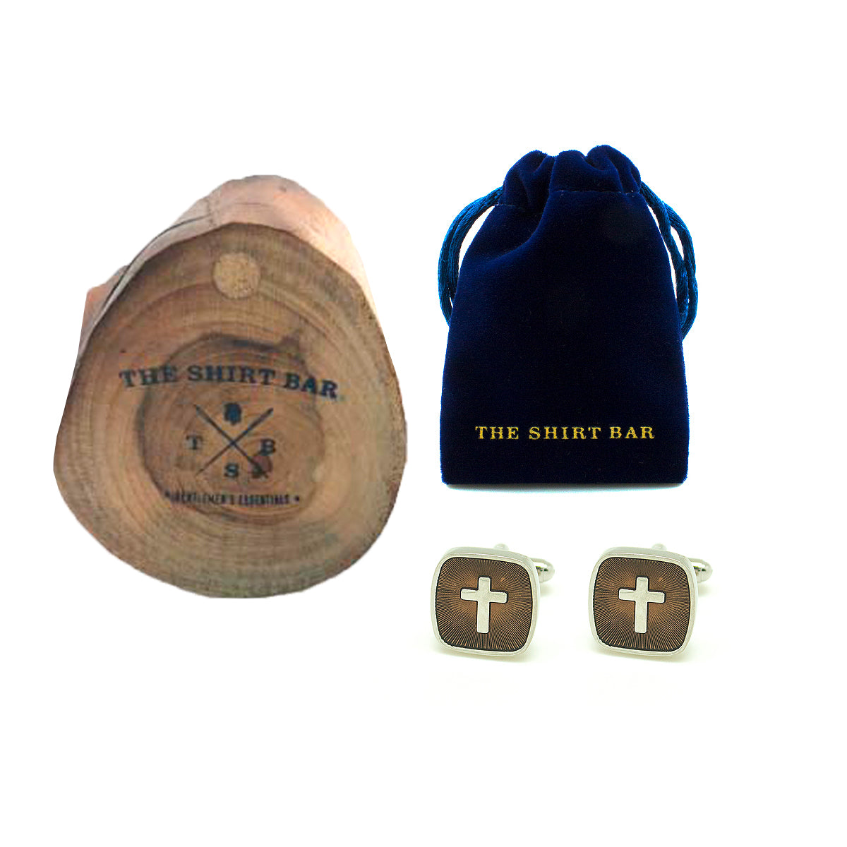 Silver Cross in Walnut Enamel Square Cufflink