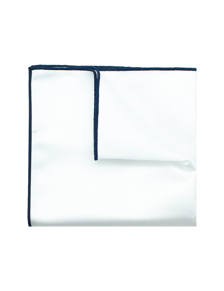 Solid White Woven Pocket Square with Navy Blue Trim