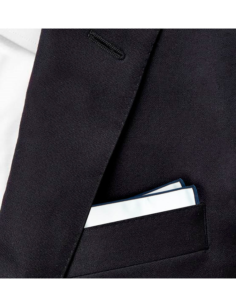 Solid White Woven Pocket Square with Navy Blue Trim