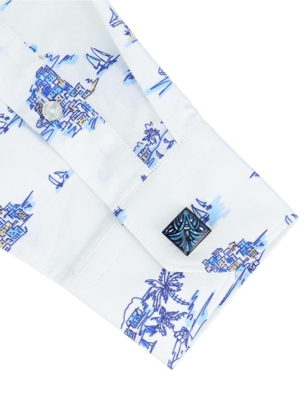 Blue Sailboat Digital Print Italian Fabric with Silky Finish Slim Fit Long Sleeve shirt