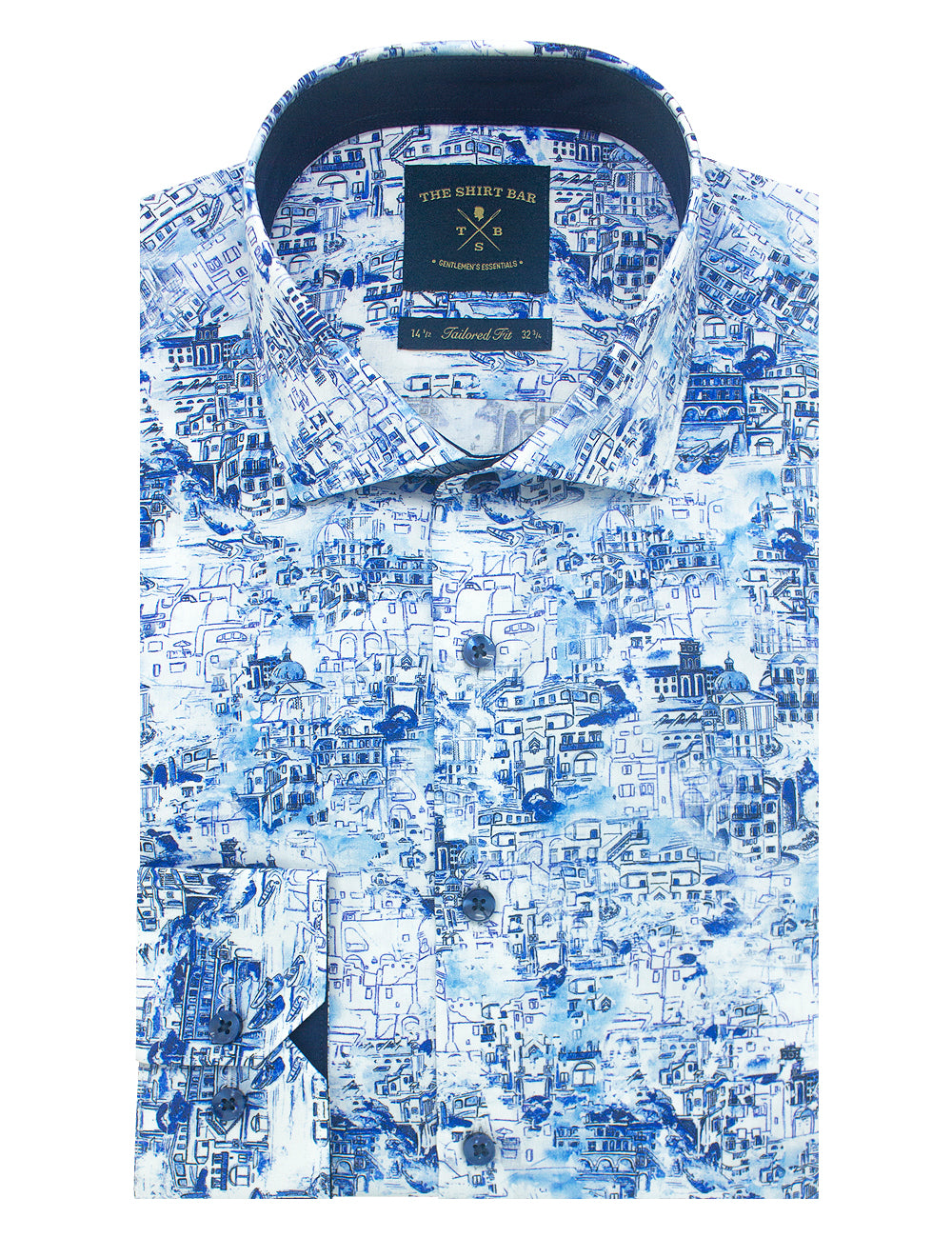 Singapore Collection: Blue Colonial Italian Print Slim Fit Long Sleeve Shirt