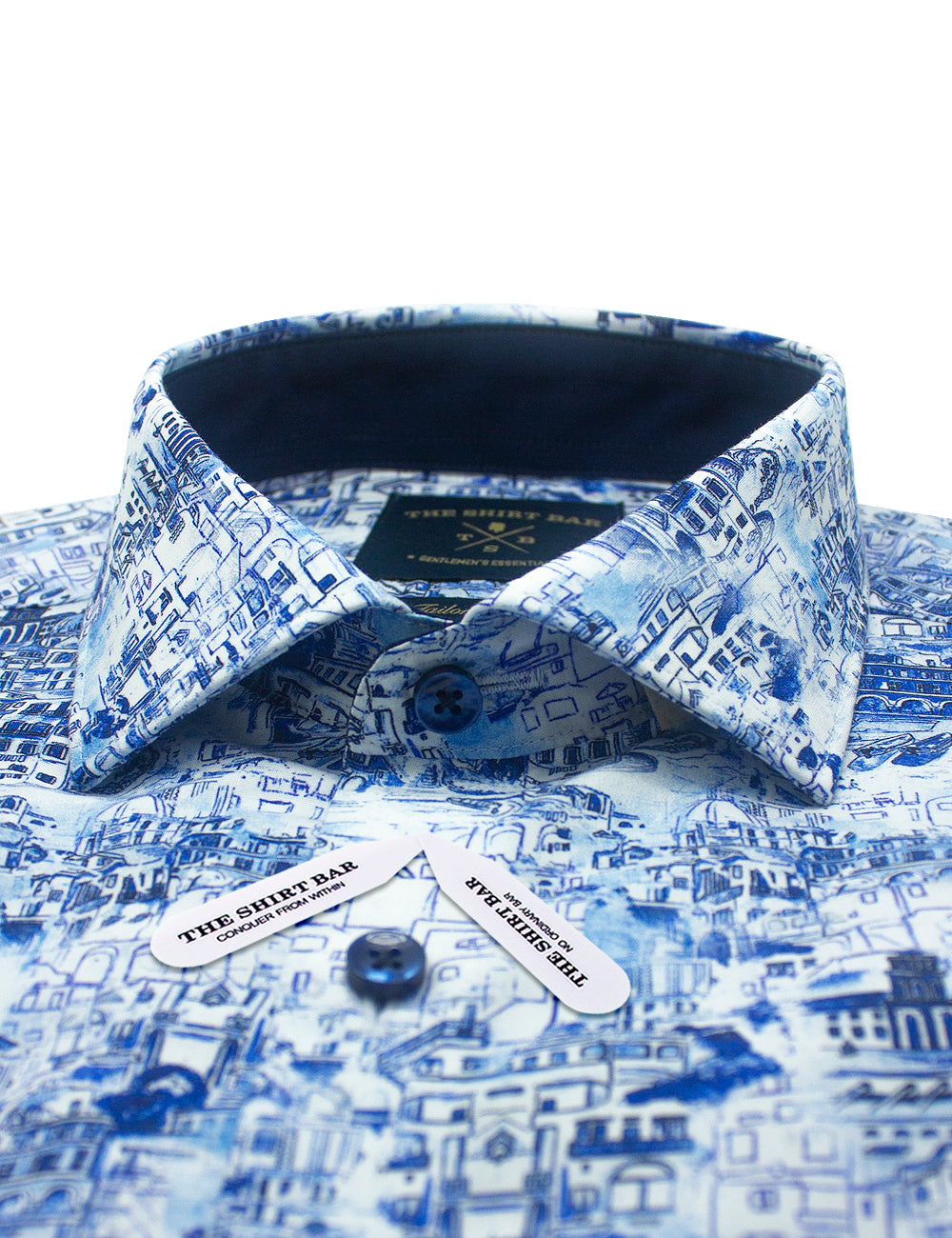 Singapore Collection: Blue Colonial Italian Print Slim Fit Long Sleeve Shirt