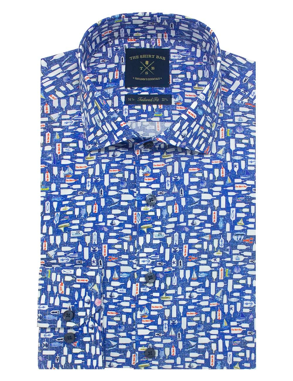 Blue Wishing Bottle Digital Print Italian Fabric with Silky Finish Slim / Tailored Fit Long Sleeve Shirt
