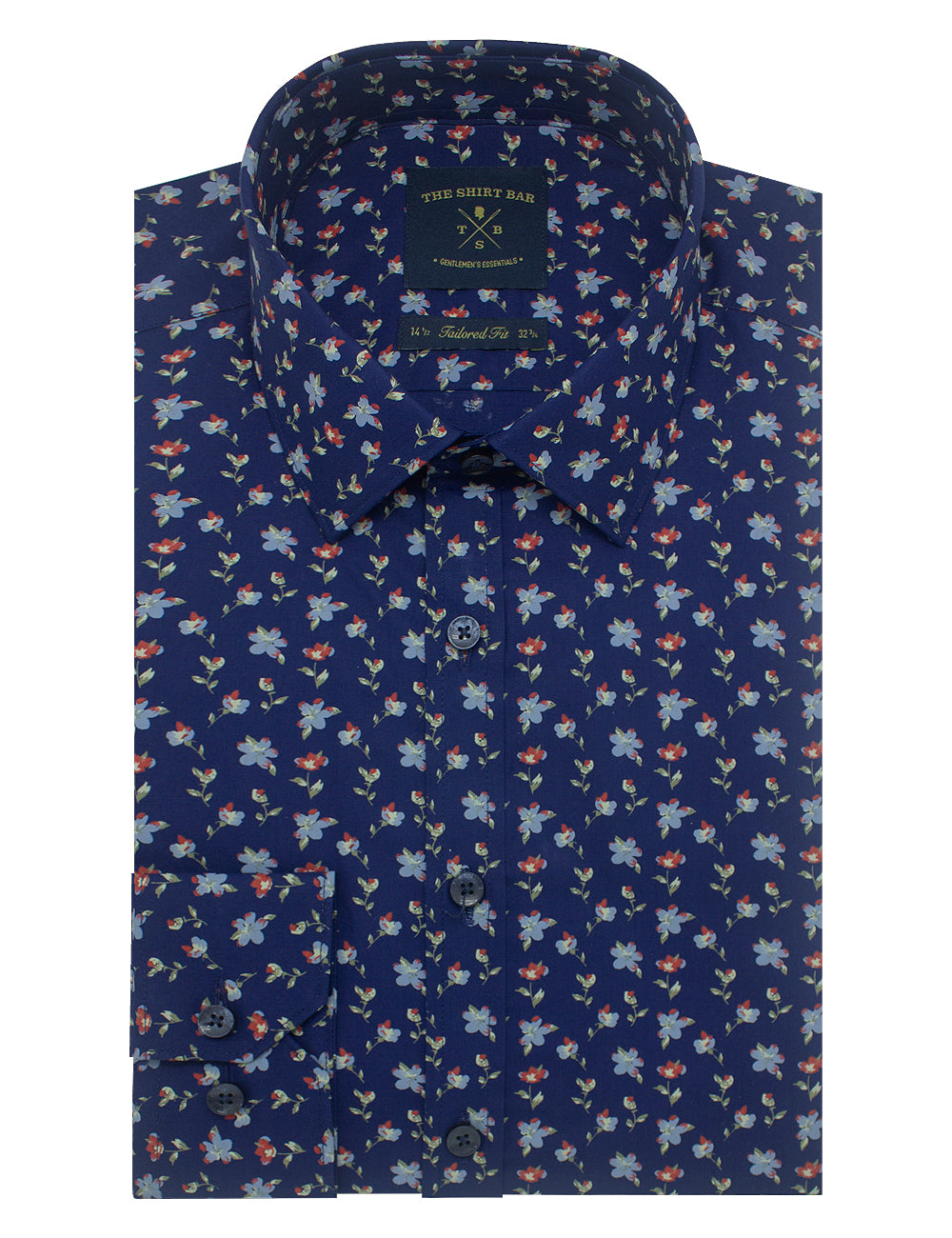 Singapore Collection: Navy with Red Floral Print Slim Fit Long Sleeve Shirt