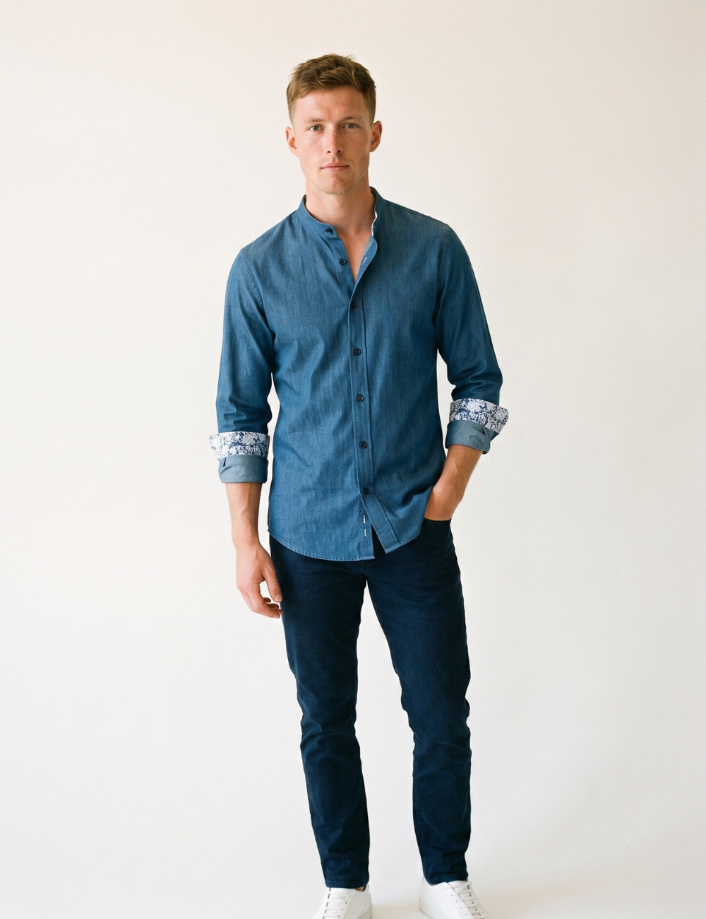 Denim Mandarin Collar Slim Fit Shirt