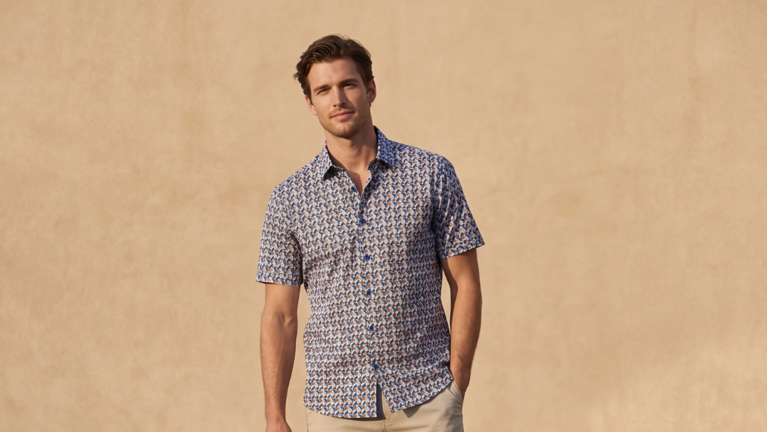 Man wearing a patterned shirt and beige shorts standing on a wooden platform with a beige wall in the background.