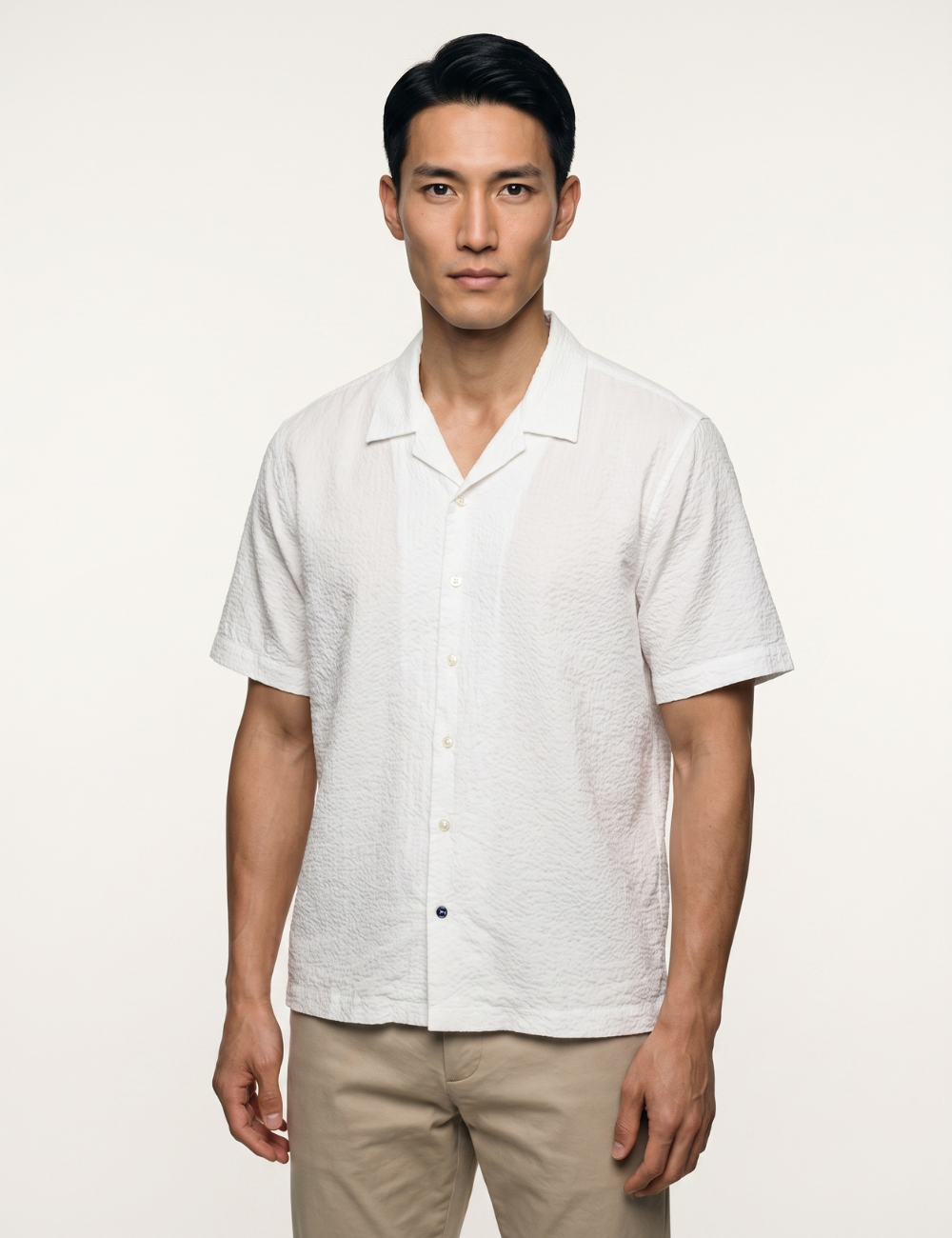 Solid Seersucker Relaxed Fit Camp Collar Shirt