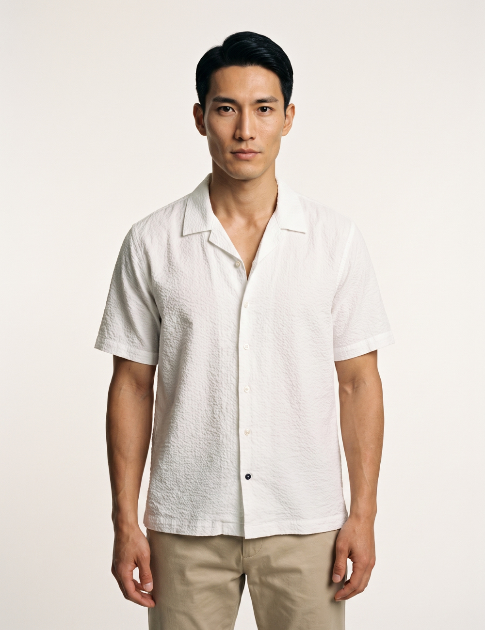 Solid Seersucker Relaxed Fit Camp Collar Shirt