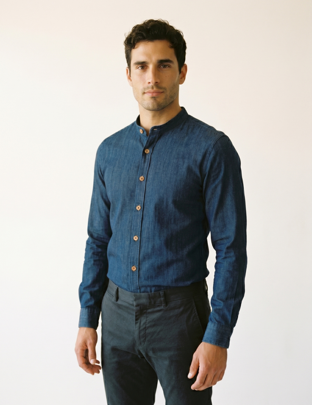 Denim Mandarin Collar Slim Fit Shirt in Navy Blue #Color_Navy Blue