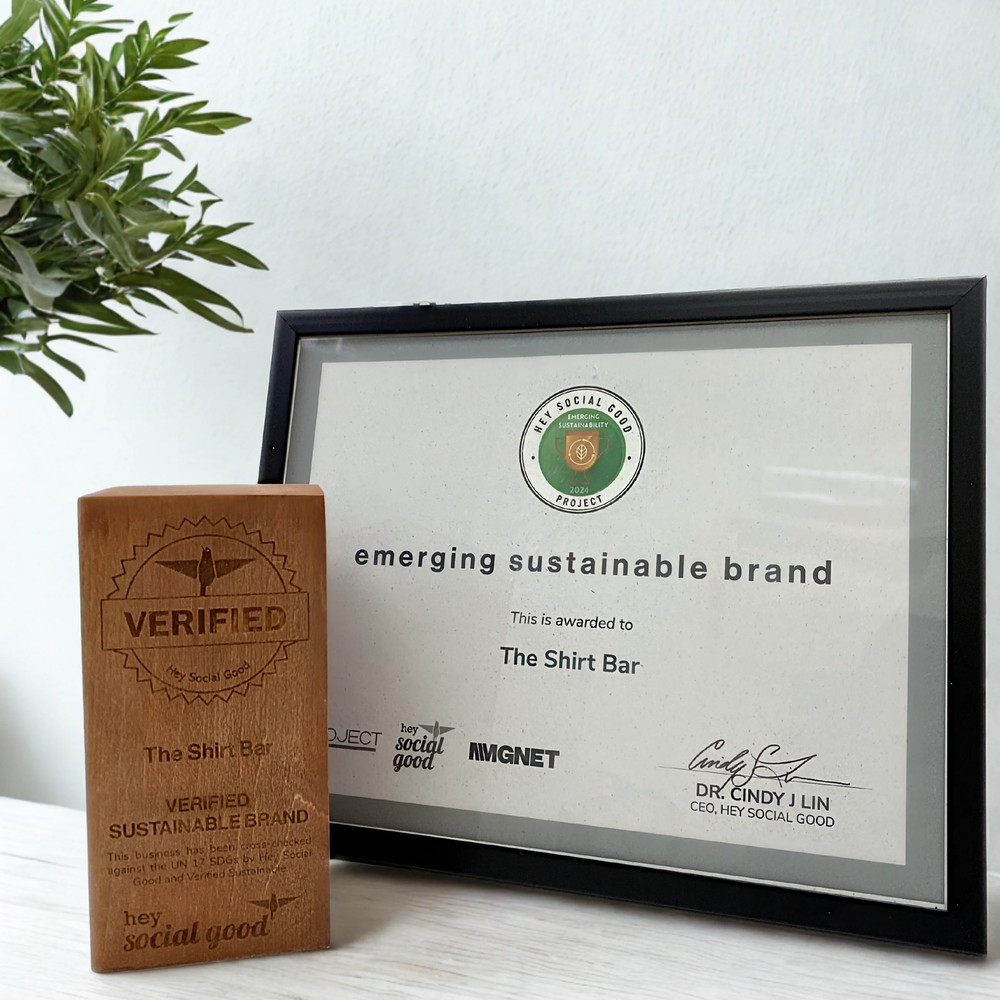Framed certificate and wooden block with 'verified emerging sustainable brand' text on a white surface with a plant in the corner.