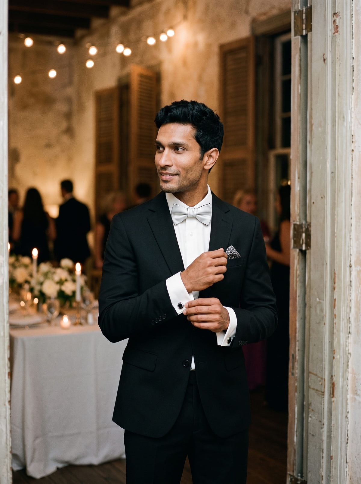 A man wearing a black tuxedo jacket with a white dress shirt and bow tie, standing in a doorway at an indoor event with warm string lights and blurred guests in the background.