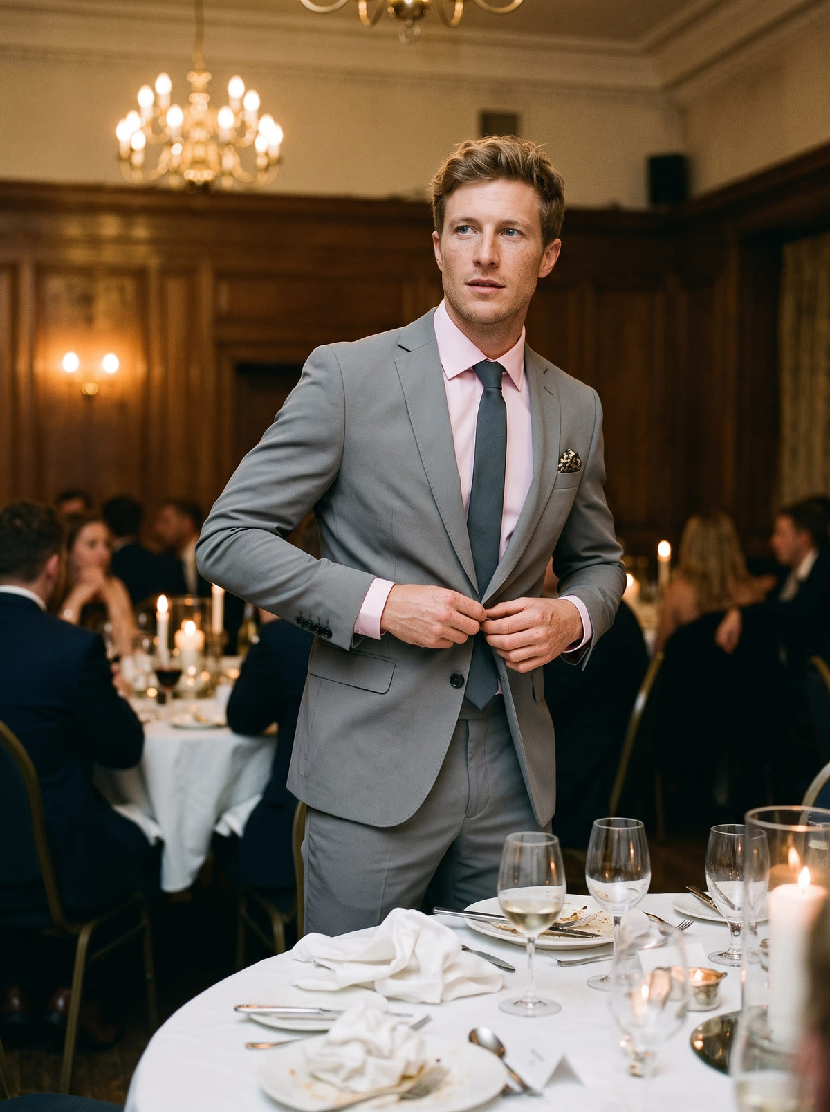 A man in a light gray suit, pink dress shirt, and dark tie standing at a formal dinner table in a restaurant.