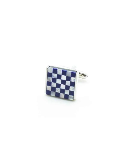 White Pearl and Blue Enamel Checks in Silver Square Cufflink C131FP-069