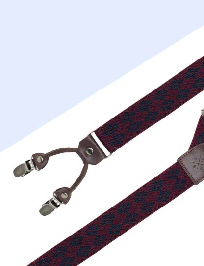 Wine with Navy Diamond Double Back Clip 3.5cm Suspender with Leather SPD40.4