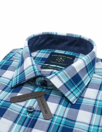Tailored Fit Cotton Blend White/ Green/ Navy Checks Easy Care Easy Iron Long Sleeve Single Cuff Shirt TF2A7.17