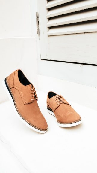 Camel Leather Derby Plain Toe Shoes - F7B20.1