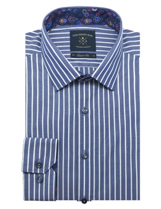 Navy with White Stripes Easy Iron Modern / Classic Fit Long Sleeve Shirt – CF2A10.21